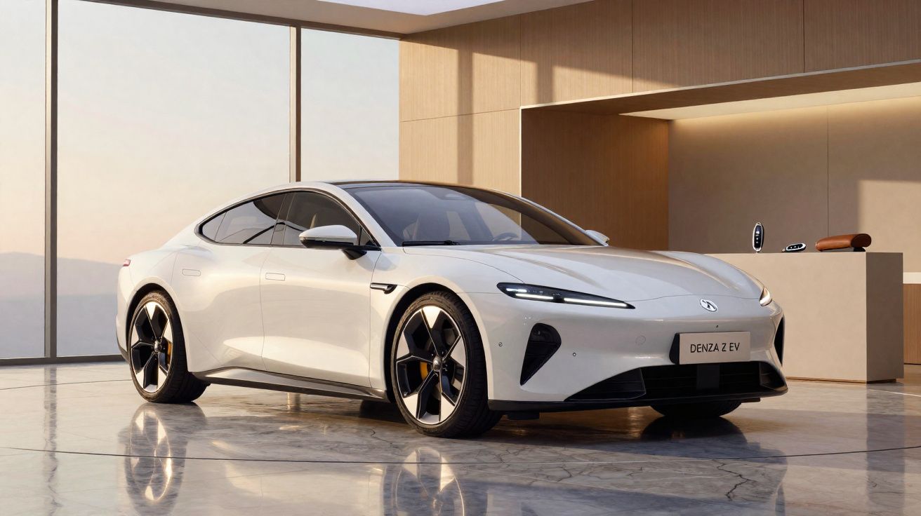 Carro elétrico branco Denza Z EV estacionado em ambiente interno moderno com piso de mármore.