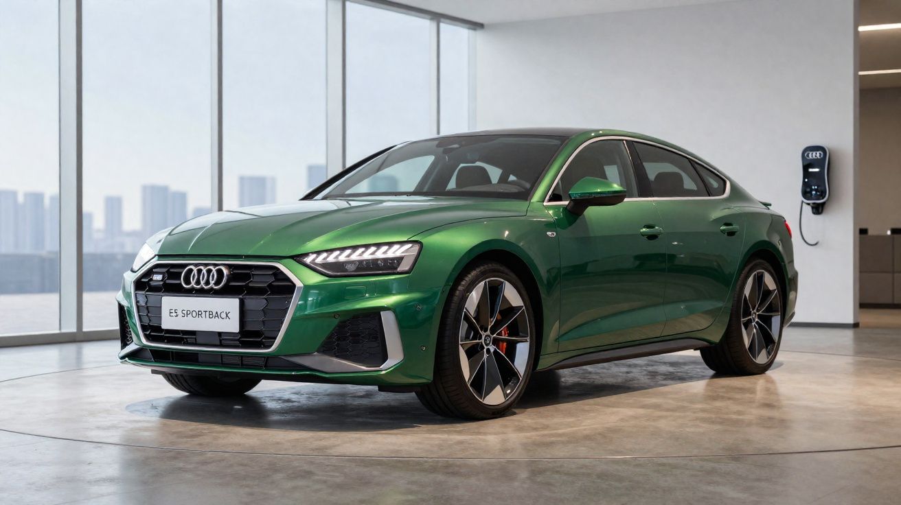 Carro Audi ES Sportback verde em showroom moderno com carregador de parede ao fundo.
