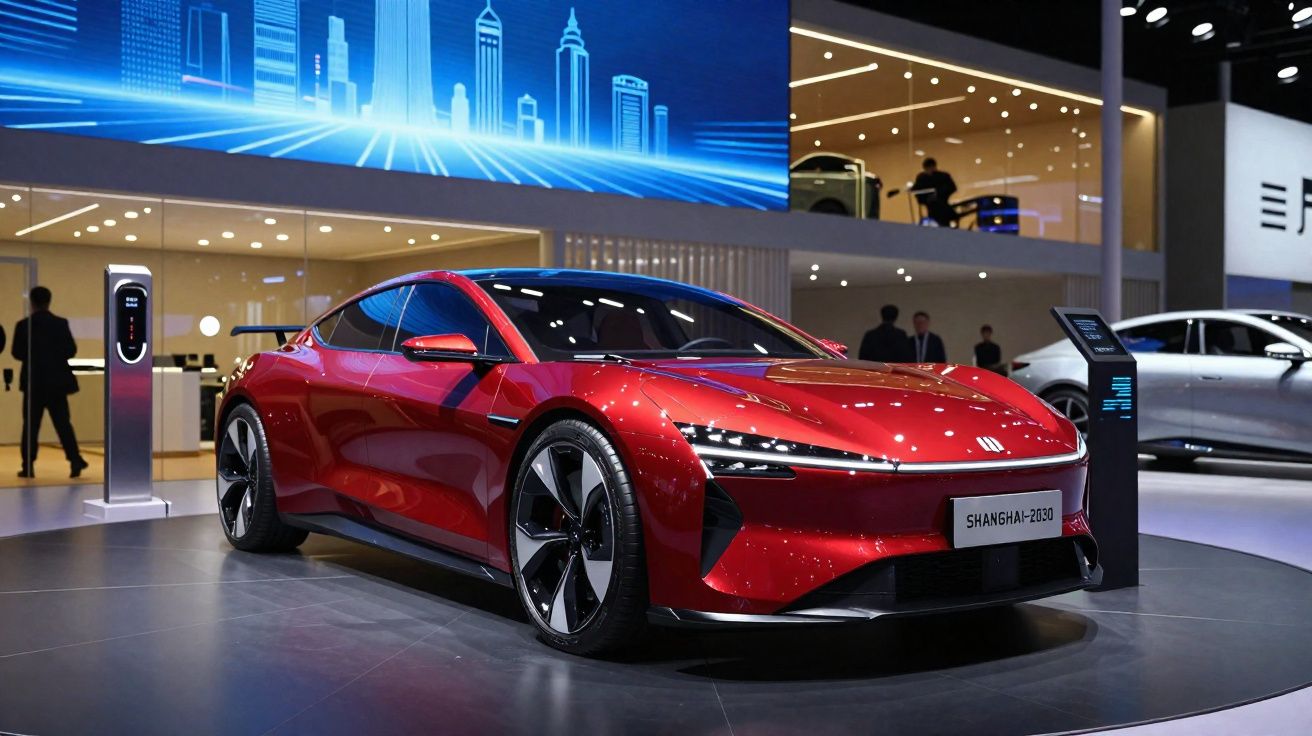 Carro esportivo elétrico vermelho em exposição com carregador e painel digital ao fundo.