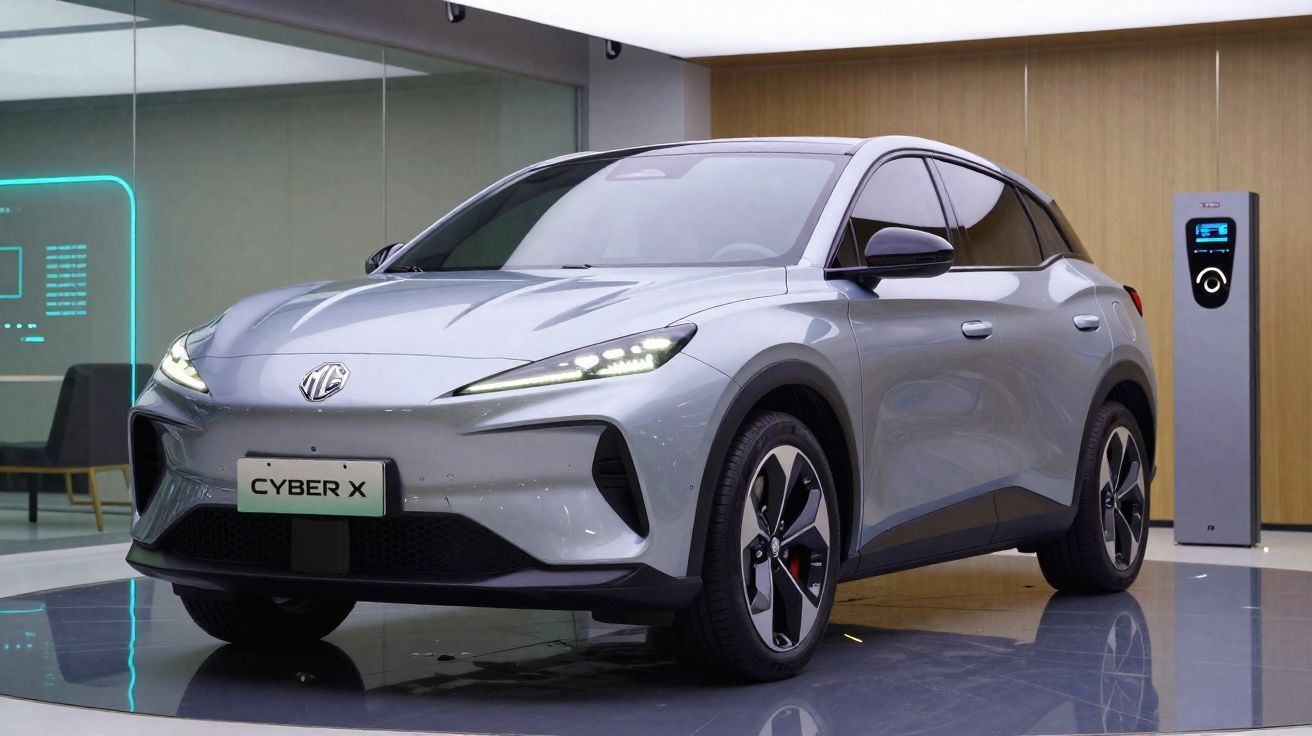 Carro elétrico cinza MG Cyber X estacionado ao lado de estação de recarga em ambiente interno moderno.