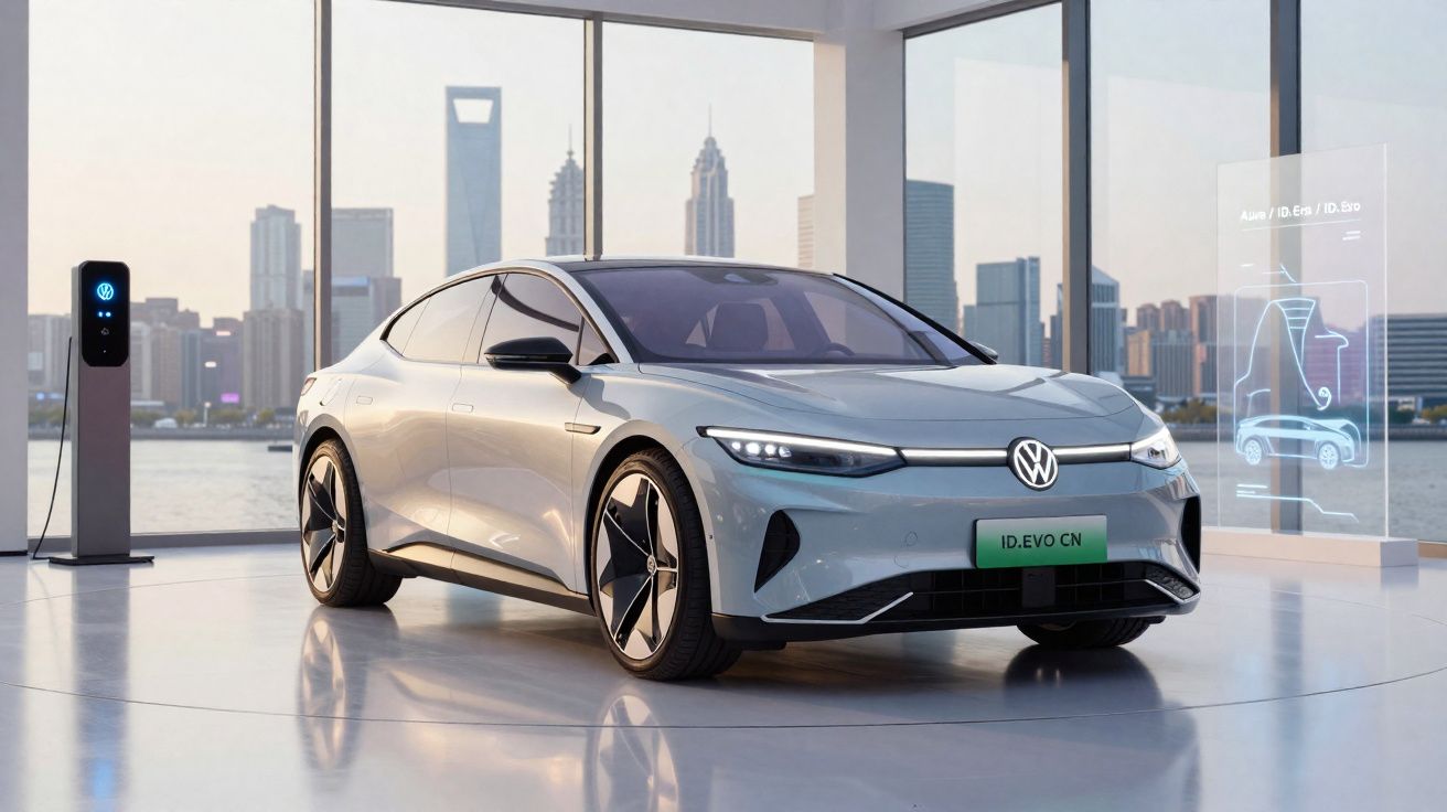 Carro elétrico Volkswagen ID.EVO CN prata estacionado em showroom com carregador e vista para cidade ao fundo.