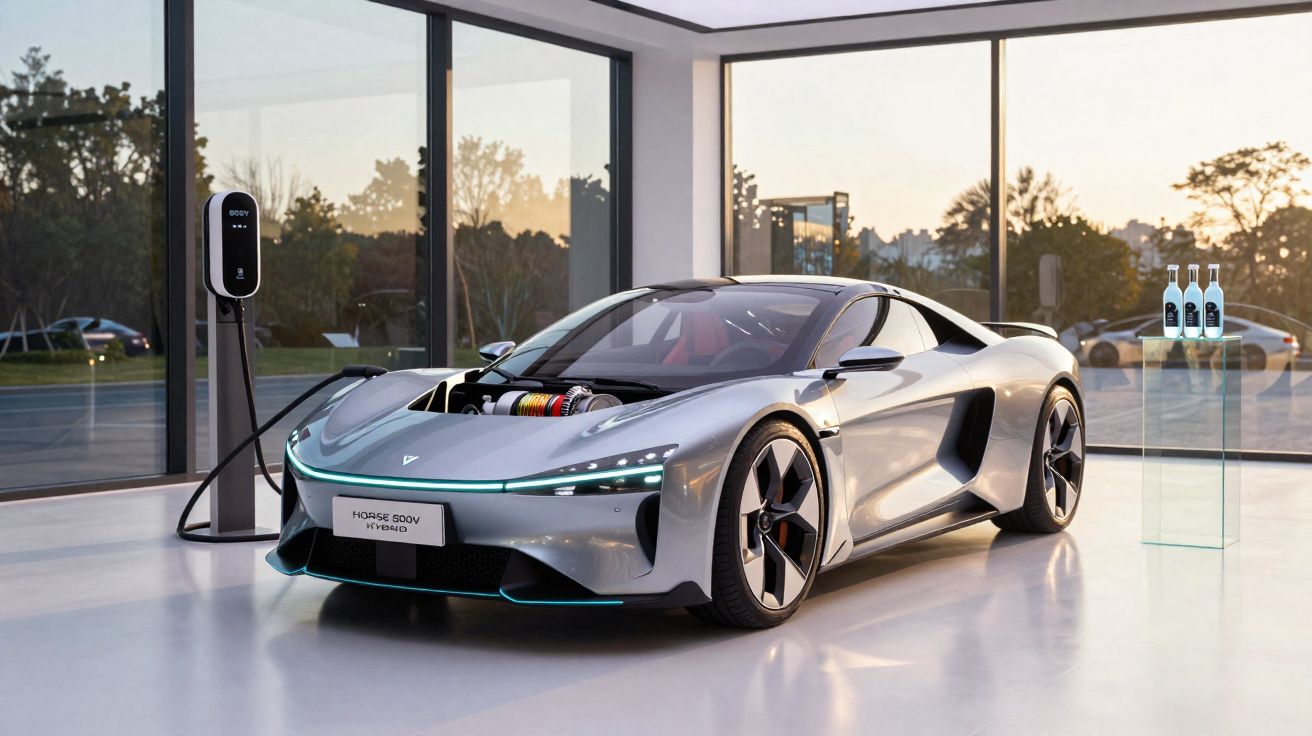 Carro esportivo elétrico cinza conectado a carregador em ambiente interno com grandes janelas de vidro.