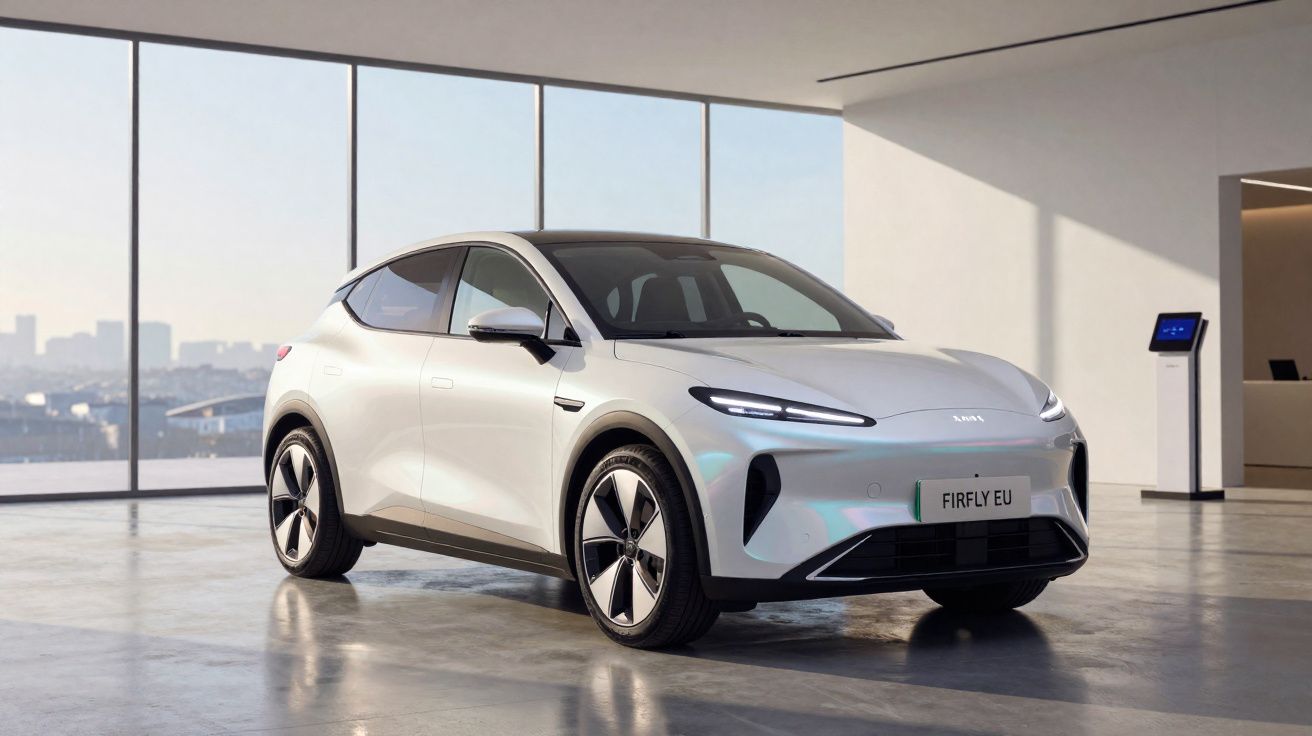 Carro elétrico branco moderno estacionado em ambiente interno com grandes janelas e vista urbana ao fundo.