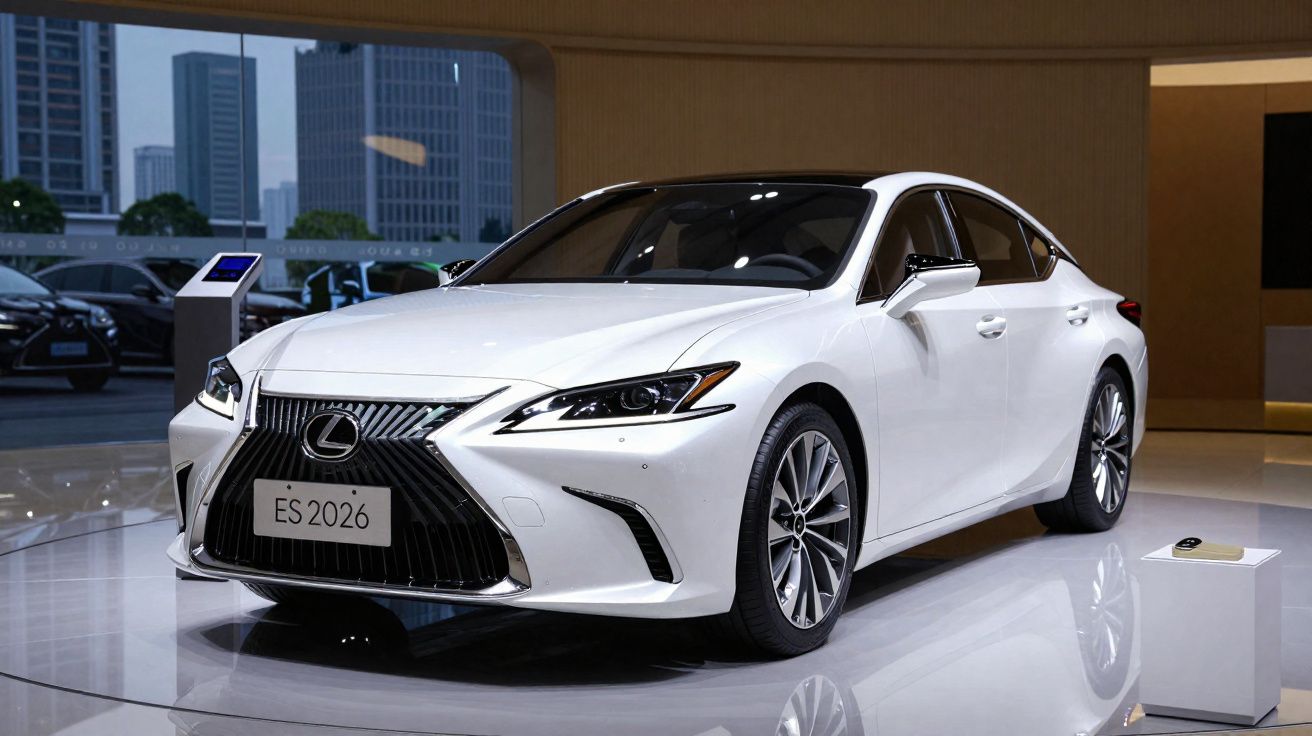 Carro sedan branco Lexus ES 2026 exibido em mostra de automóveis com prédios ao fundo.