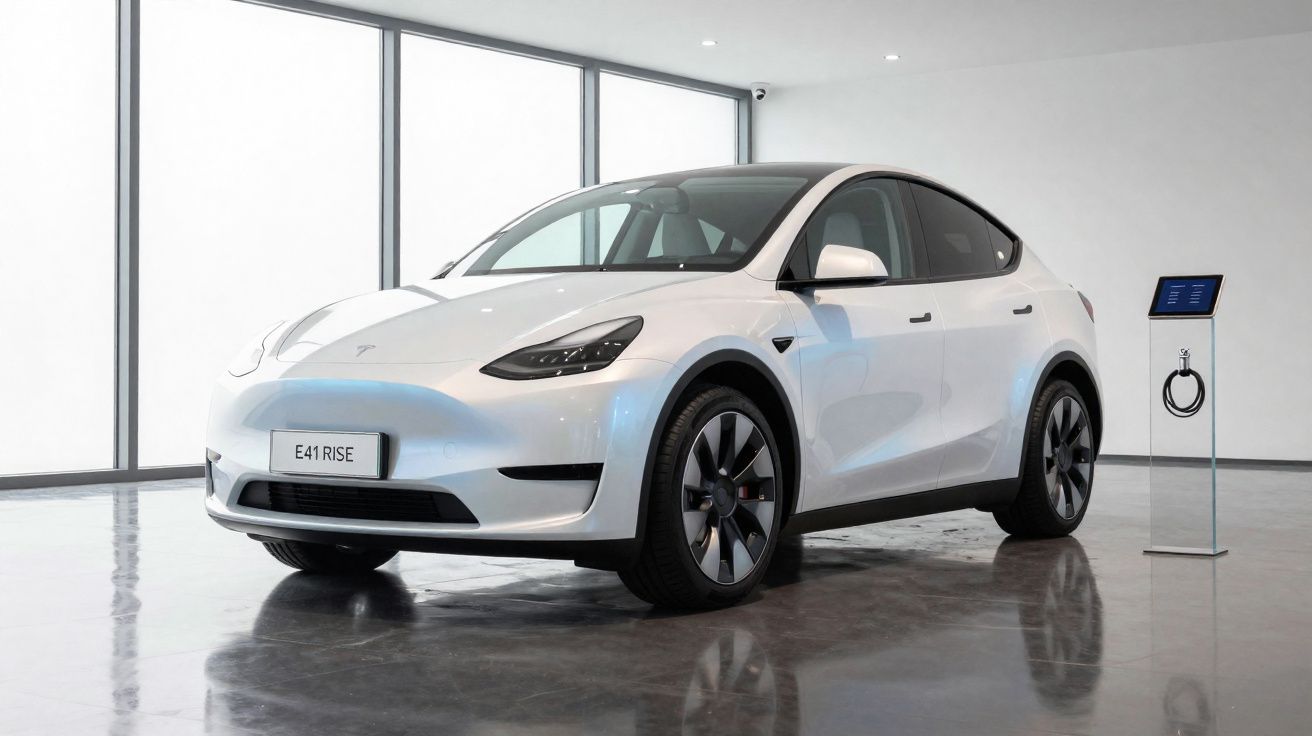 Carro elétrico branco Tesla Model Y estacionado em ambiente interno, próximo a estação de recarga.