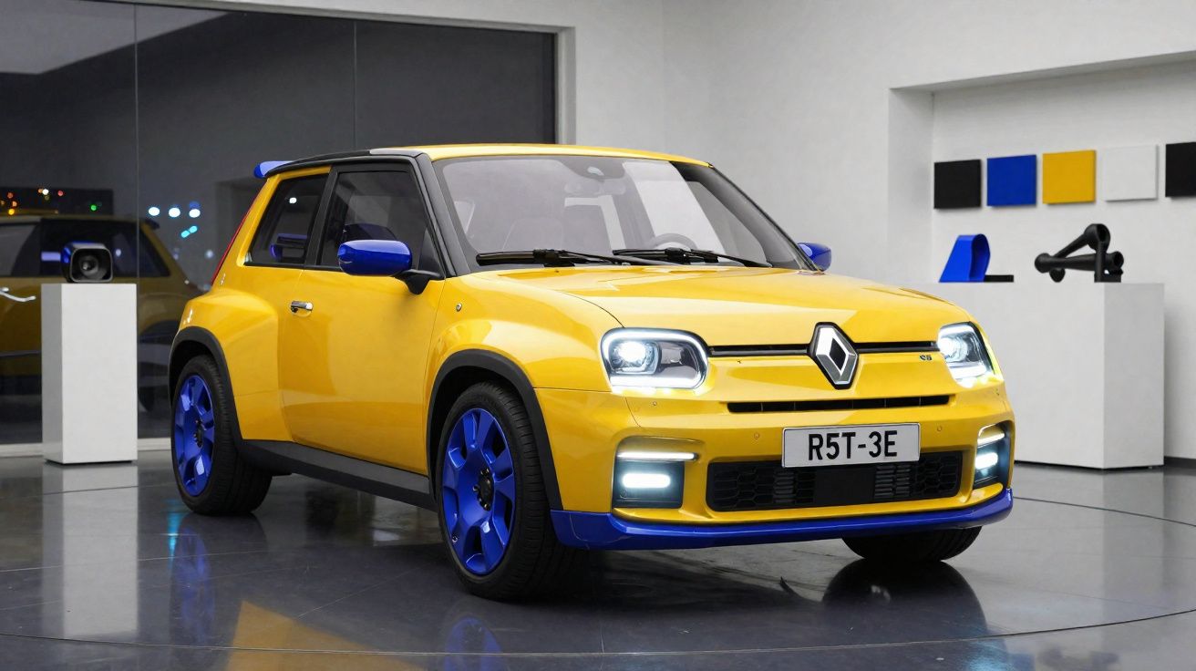 Carro Renault amarelo com detalhes azuis em exposição interna com piso cinza e decoração moderna.