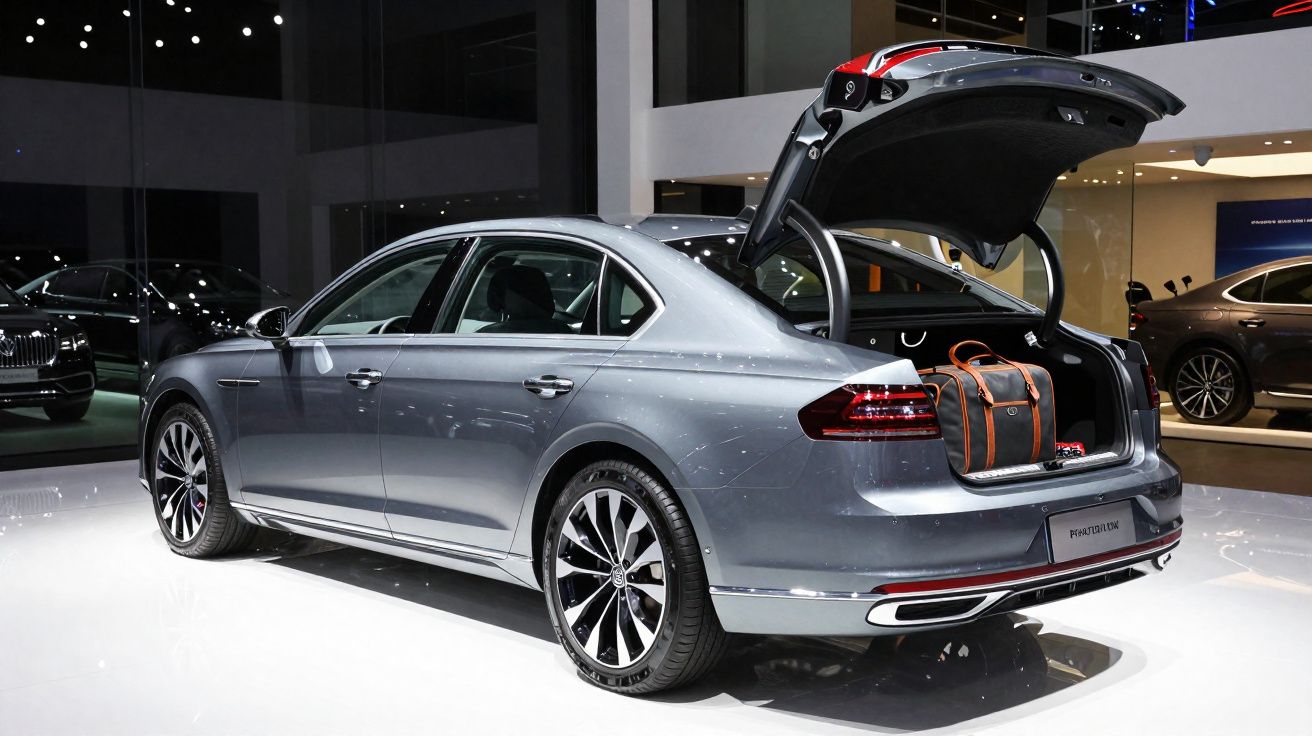 Carro sedan cinza com porta-malas aberto exibindo bolsa de viagem em showroom iluminado.