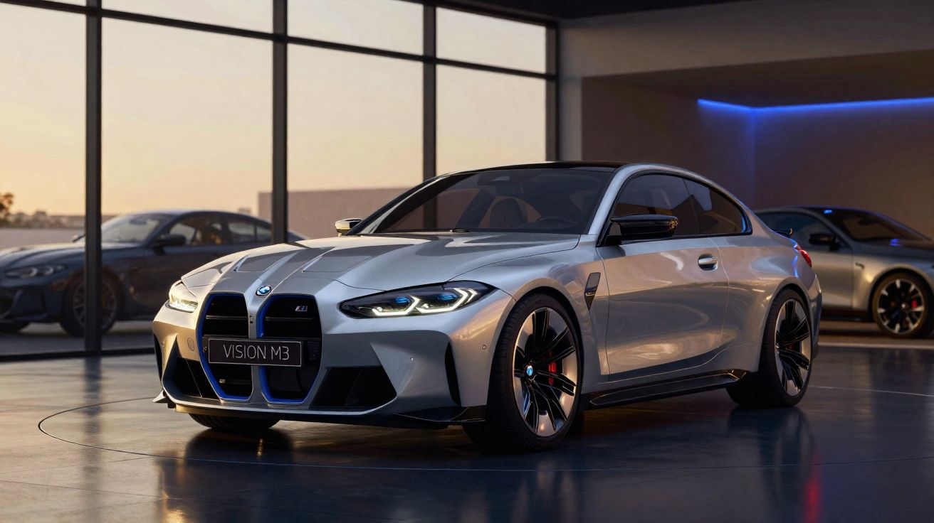 Carro esportivo prata BMW Vision M3 estacionado em ambiente interno moderno com iluminação suave.