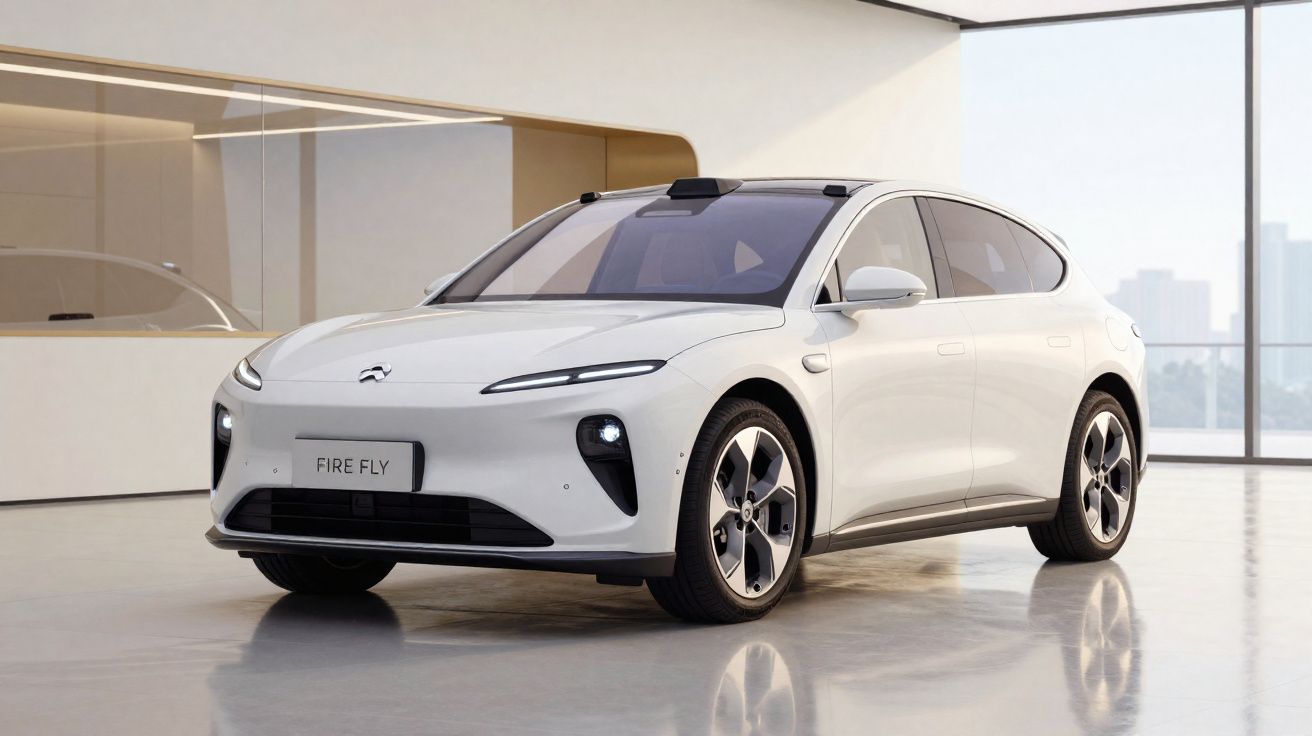 Carro elétrico branco modelo moderno em ambiente interno iluminado com janelas amplas.