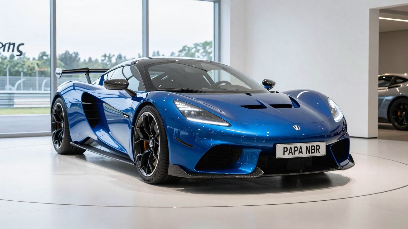 Carro esportivo azul metálico com placa personalizada PAPA NBR em showroom moderno e iluminado.