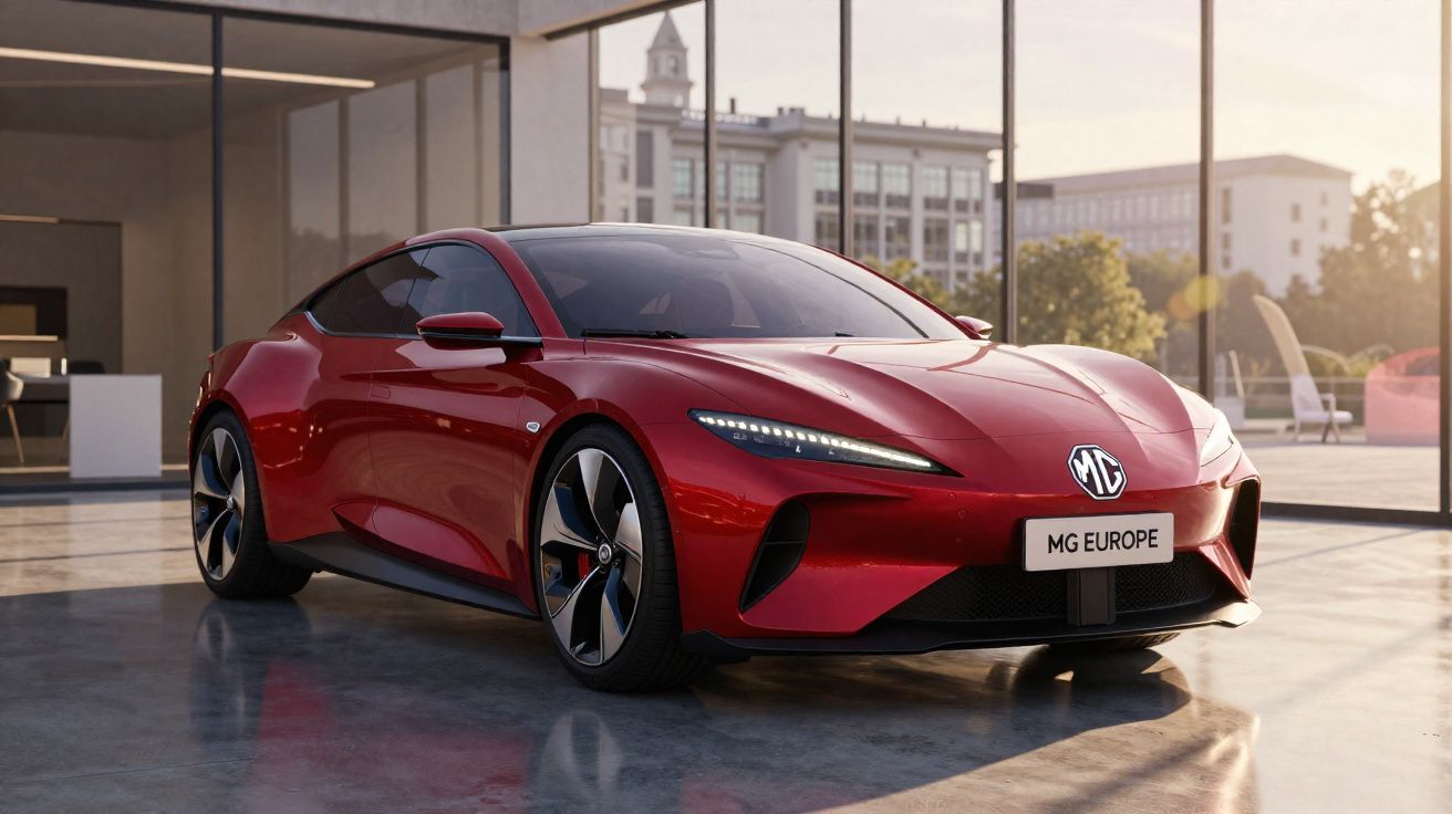 Carro esportivo vermelho MG Europe estacionado em garagem com paredes de vidro e edifícios ao fundo.