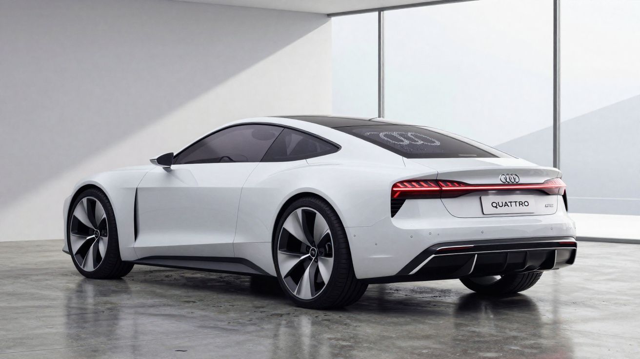 Carro esportivo branco Audi Quattro elétrico estacionado em ambiente interno minimalista com piso de concreto.