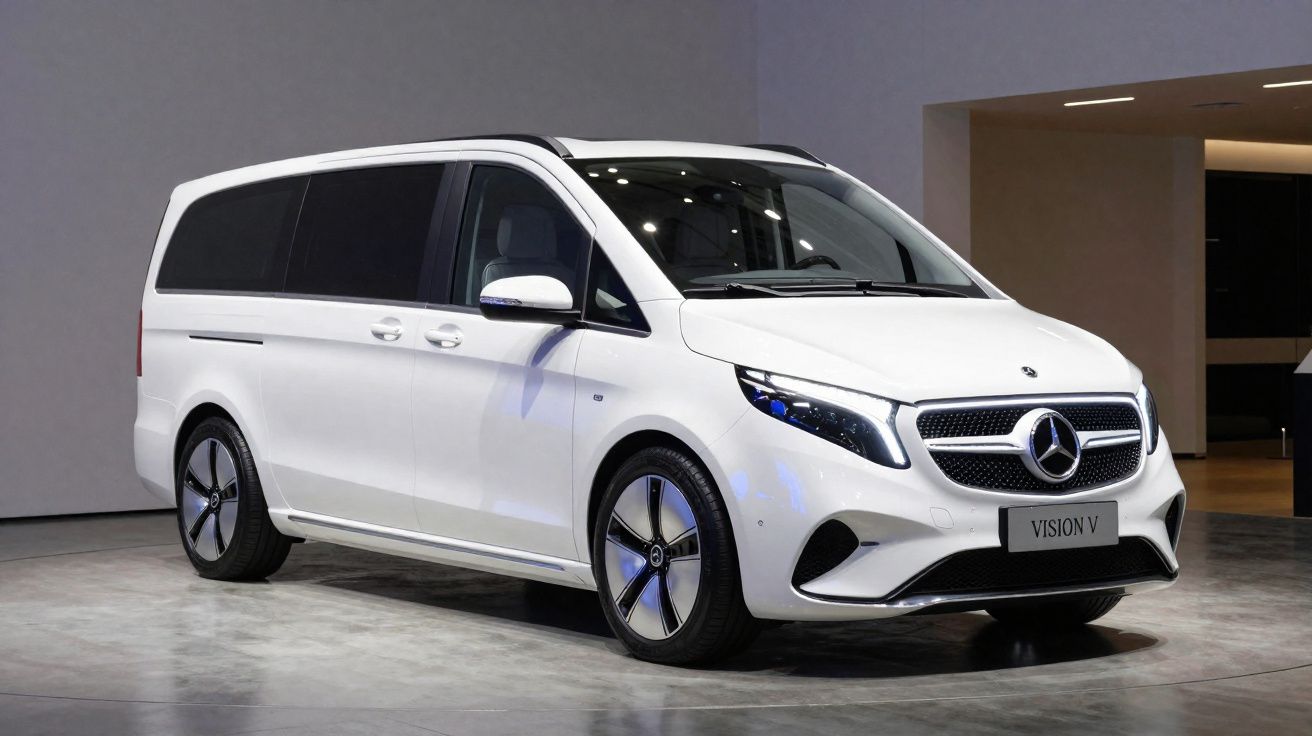 Van branca elétrica Mercedes-Benz Vision V estacionada em ambiente interno minimalista.