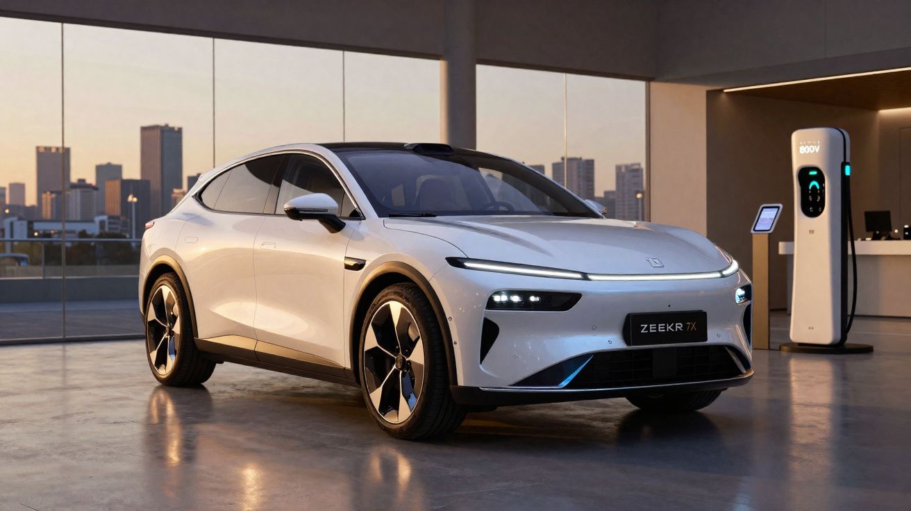 Carro elétrico branco modelo Zeekr 7X estacionado em ambiente interno com painel de carregamento ao fundo.