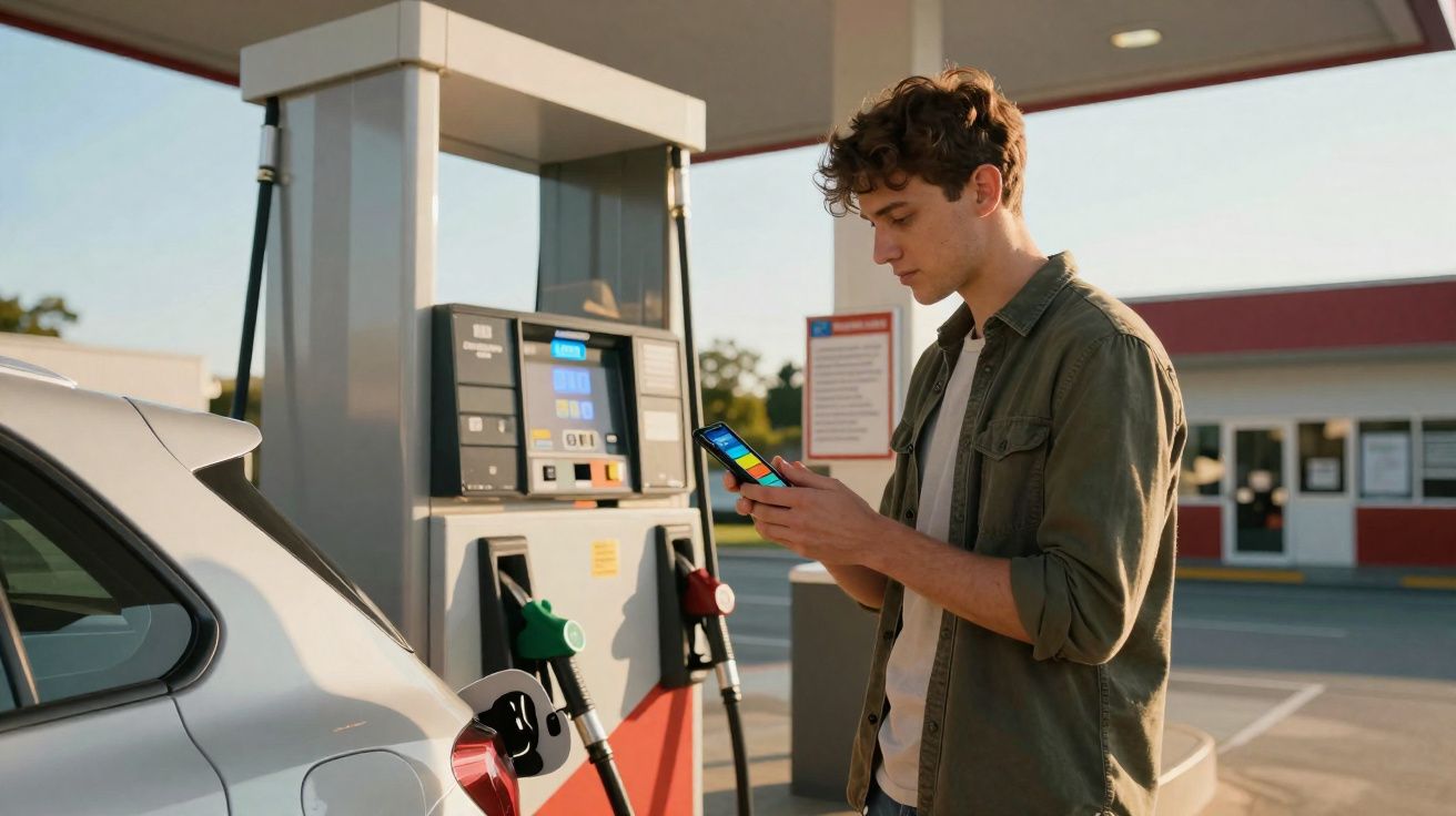 Jovem com camisa verde usando smartphone ao lado de carro em posto de combustível ao entardecer.