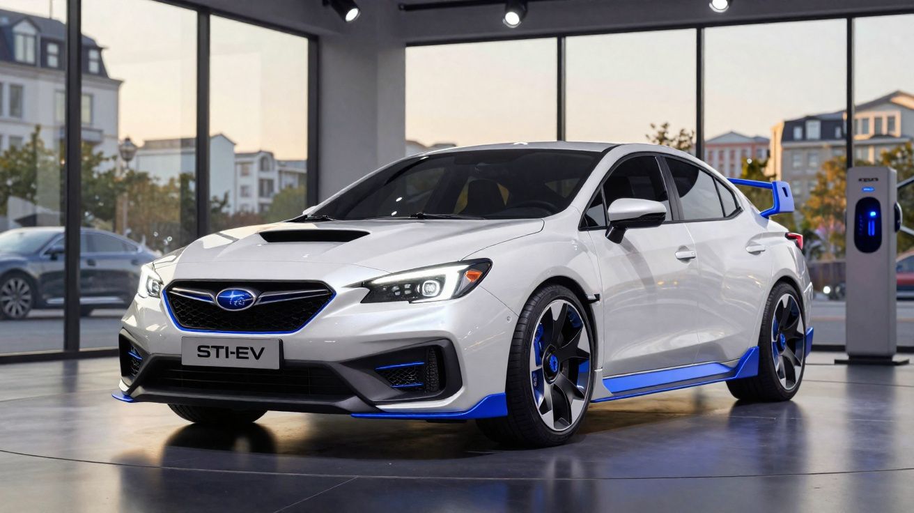 Sedã esportivo branco Subaru STI-EV com detalhes azuis em showroom moderno e iluminação natural.