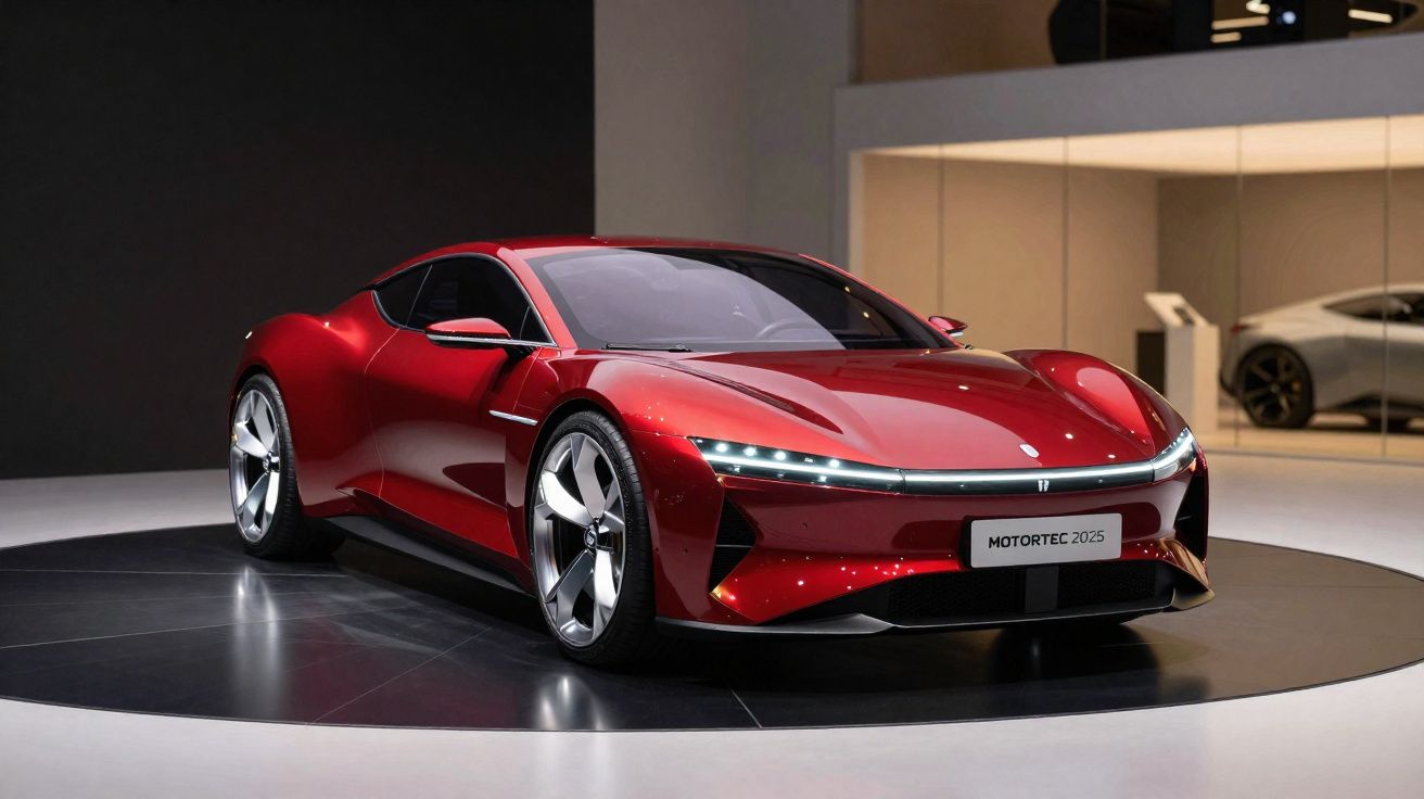 Carro esportivo vermelho brilhante exposto em plataforma rotativa em salão de automóveis moderno.