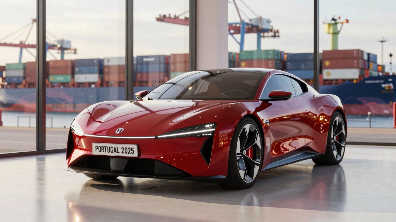 Carro esportivo vermelho estacionado em ambiente interno com contêineres e guindastes ao fundo.