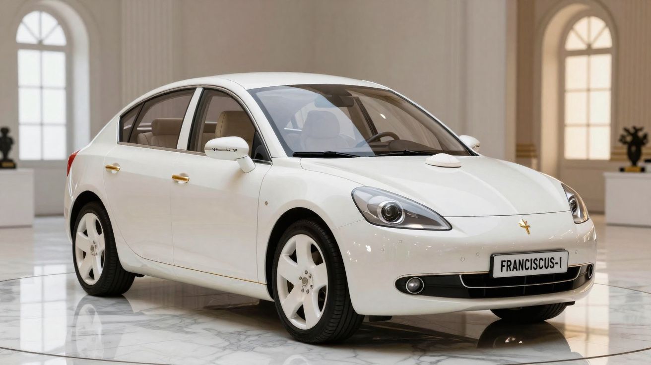 Carro elétrico branco Francisus-1 em ambiente interno com piso de mármore e janelas arqueadas.