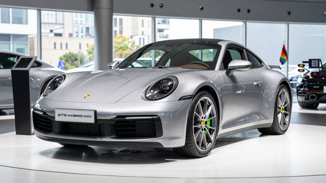 Carro esportivo Porsche prata modelo GTS Hybrid 2025 em exposição dentro de showroom moderno.