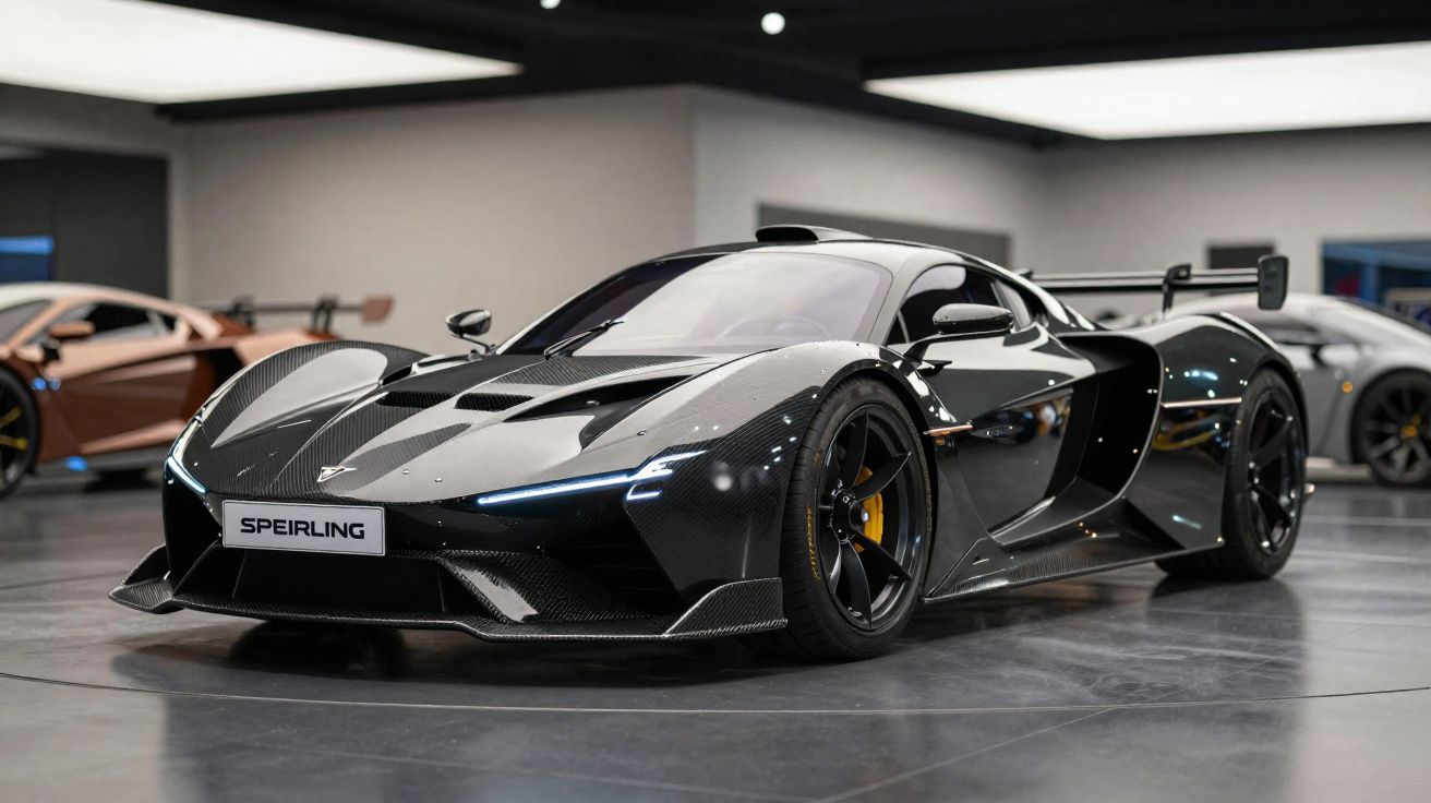 Carro esportivo preto brilhante com design aerodinâmico em exposição interna com outros carros ao fundo.