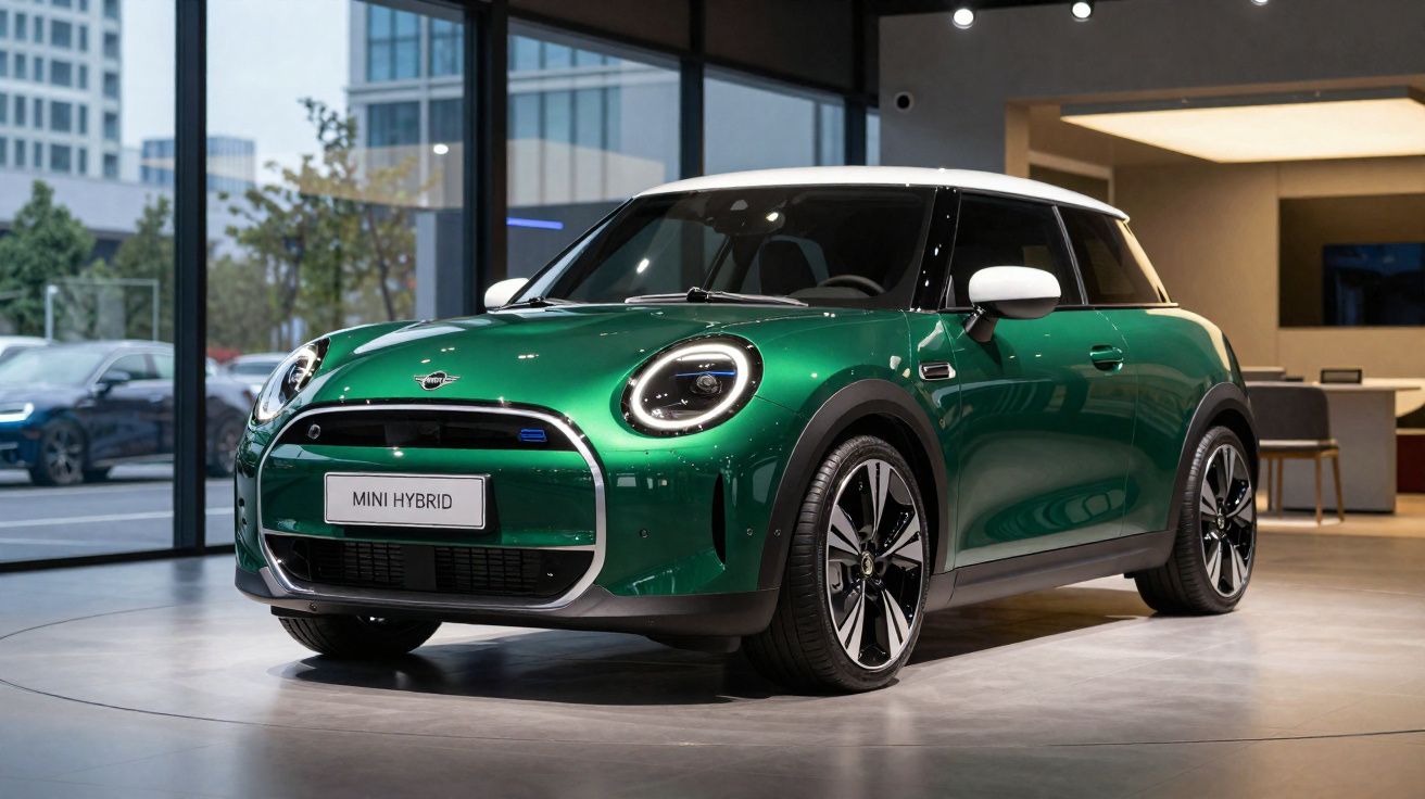 Carro Mini Hybrid verde elétrico com teto branco exibido em showroom moderno.