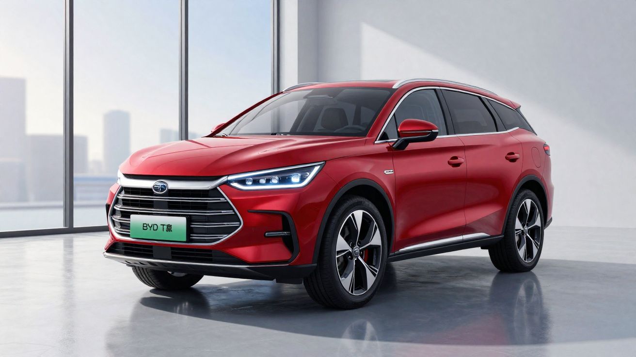 Carro SUV elétrico vermelho BYD T modelado em ambiente interno moderno com janelas grandes.