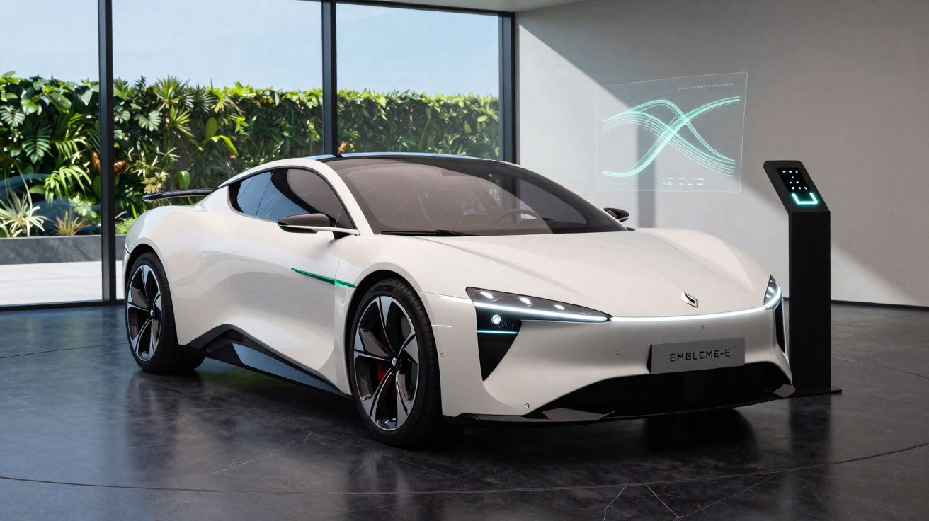 Carro elétrico esportivo branco estacionado em showroom moderno com painel digital holográfico.