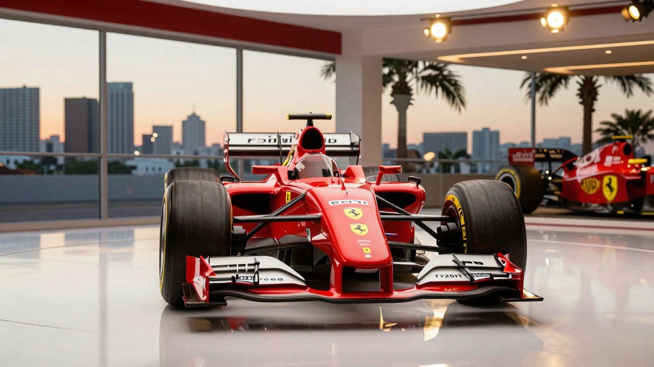 Carro de Fórmula 1 vermelho da Ferrari exibido em showroom moderno com vista urbana ao fundo.