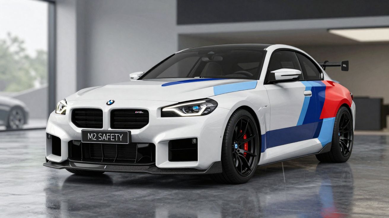 Carro esportivo BMW M2 branco com detalhes em azul e vermelho em garagem iluminada.