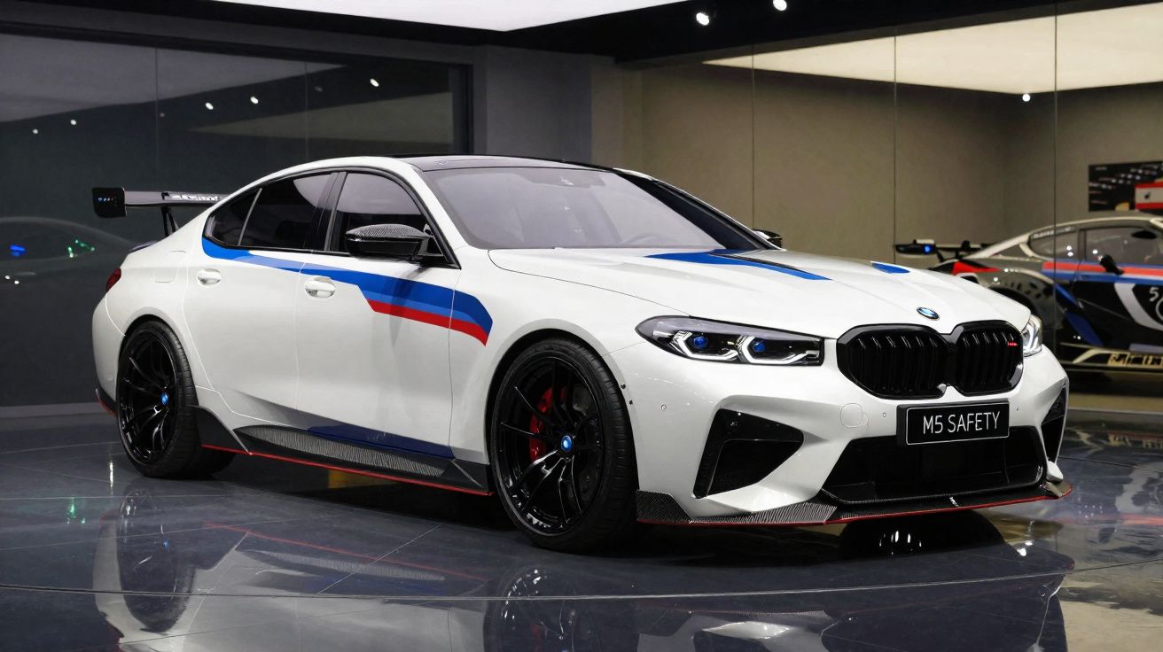 Carro BMW M5 branco com detalhes em azul e vermelho, rodas pretas e placa "M5 SAFETY" em exposição.
