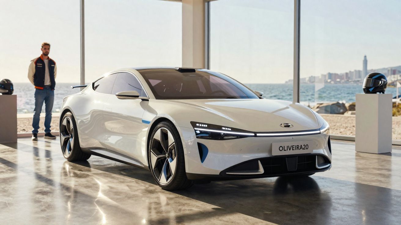 Carro esportivo branco moderno em exposição com homem e capacetes em ambiente com vista para o mar.