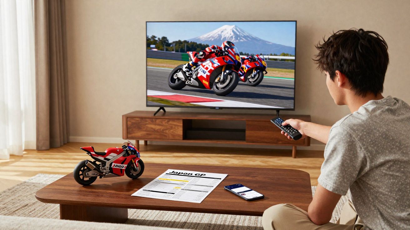 Homem sentado no sofá assistindo corrida de motos na TV, com miniatura de moto e programa da corrida na mesa.