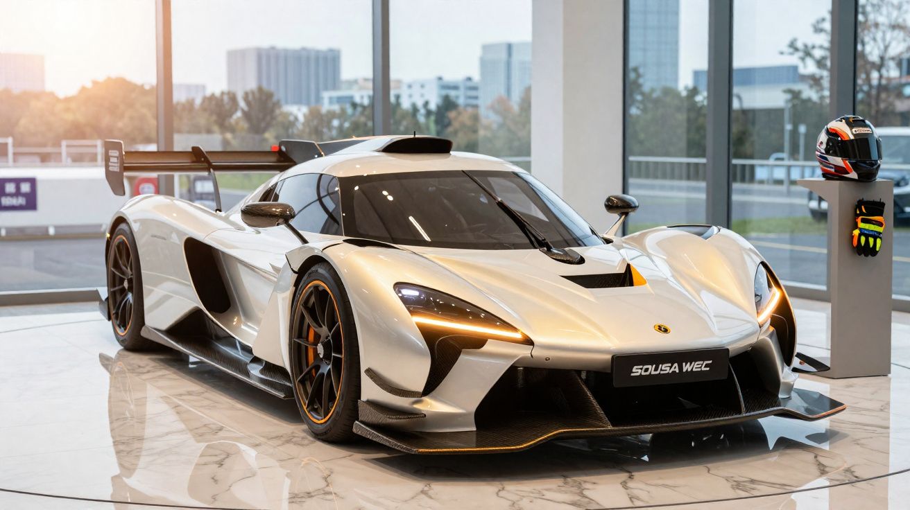 Carro esportivo prata com design aerodinâmico exposto em ambiente moderno e vitrine de vidro.