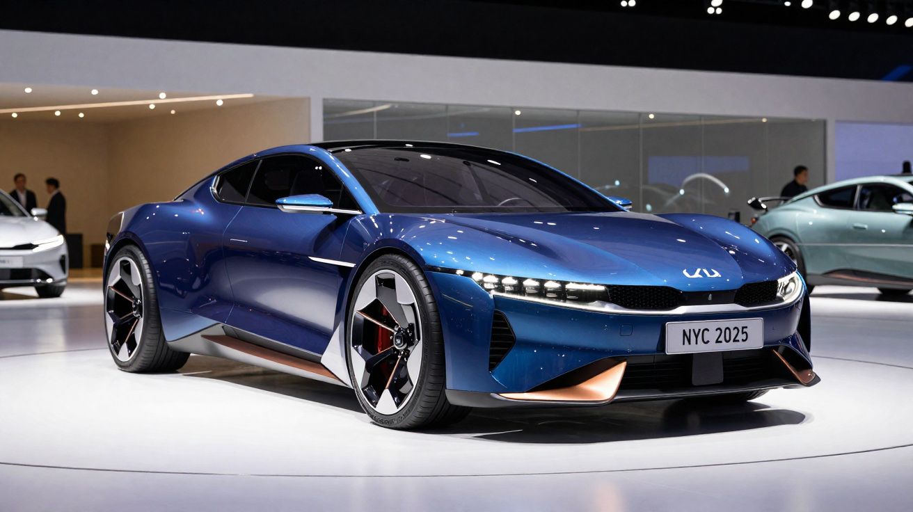 Carro esportivo elétrico azul exibido em salão automotivo moderno com design aerodinâmico e iluminação LED.