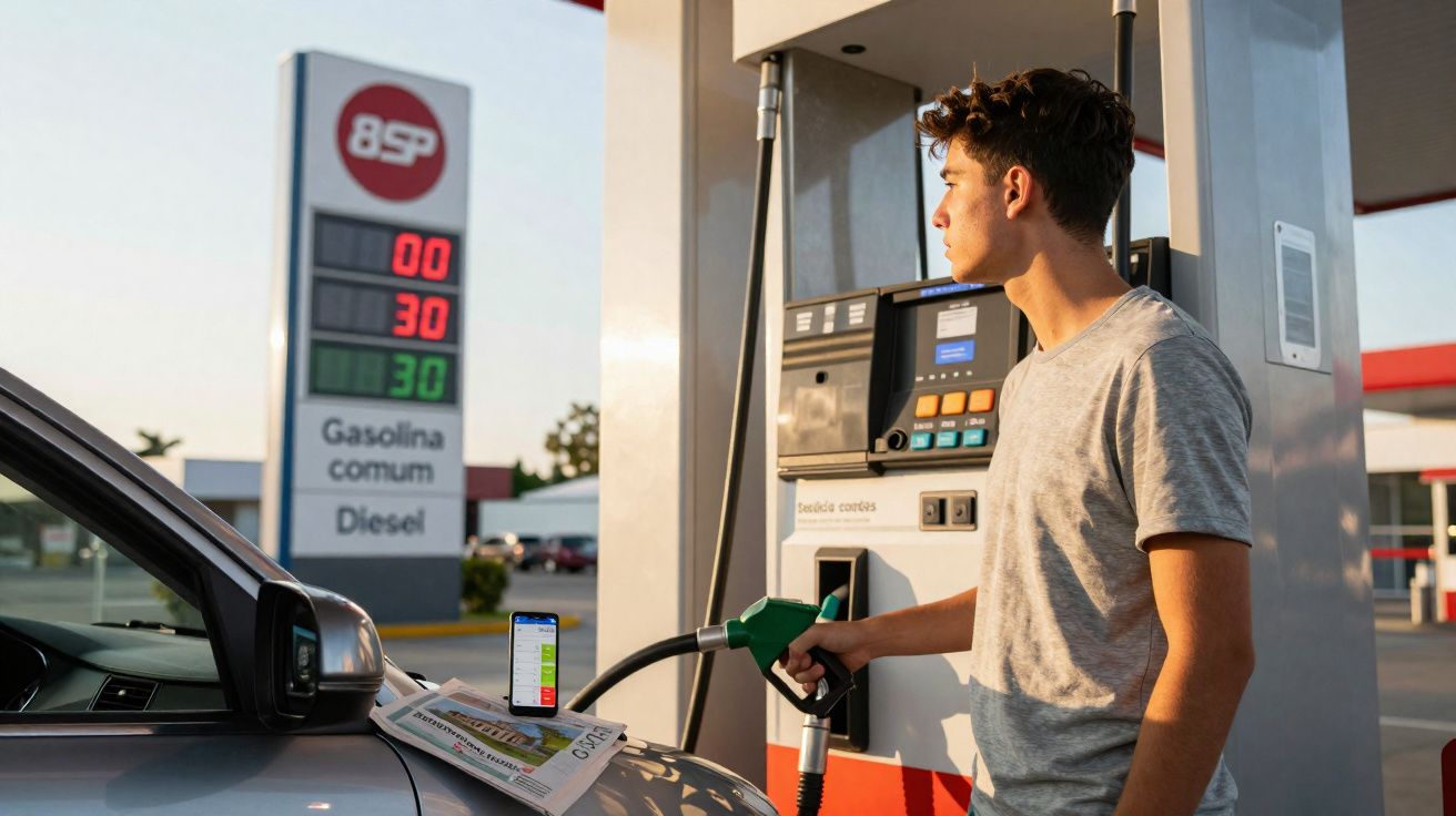 Homem abastecendo carro com bomba verde em posto de gasolina ao pôr do sol.