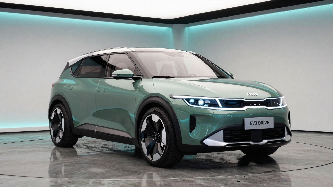 Carro elétrico SUV BYD EV3 Drive verde em ambiente moderno com iluminação azul.