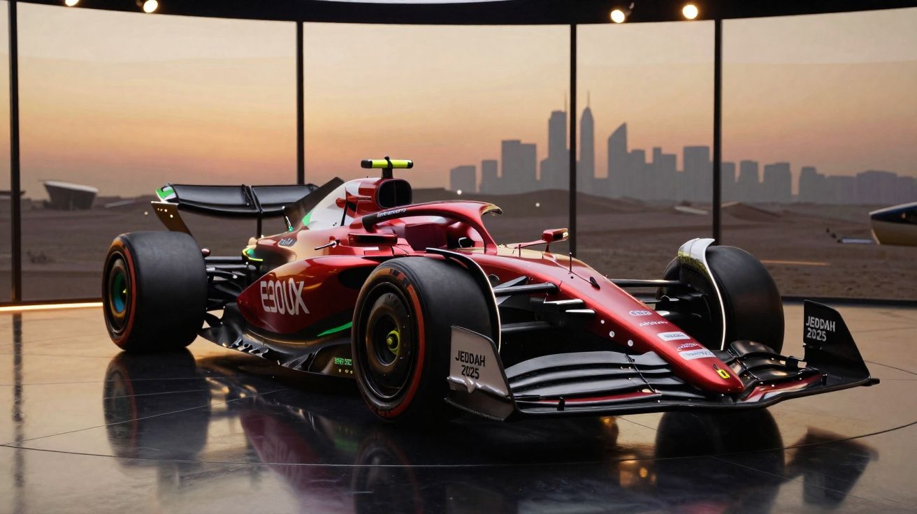 Carro de Fórmula 1 vermelho da Ferrari em exibição com skyline ao fundo durante o pôr do sol.