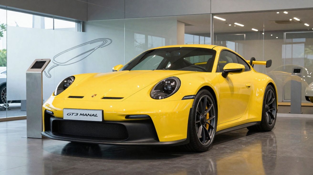 Carro esportivo amarelo Porsche GT3 Manual em showroom moderno com piso cinza e paredes de vidro.