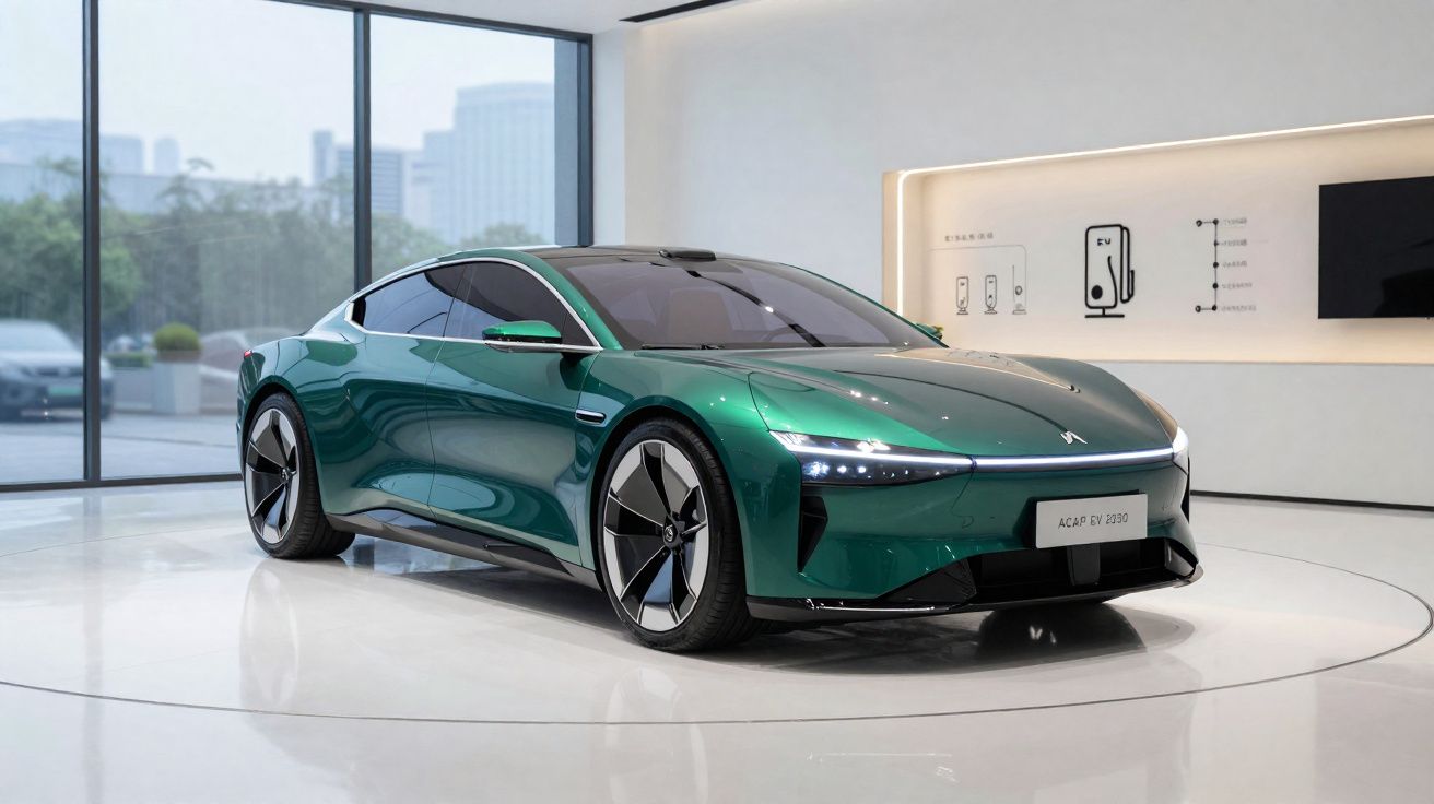 Carro elétrico verde metálico em exposição moderna com paredes brancas e grandes janelas de vidro.