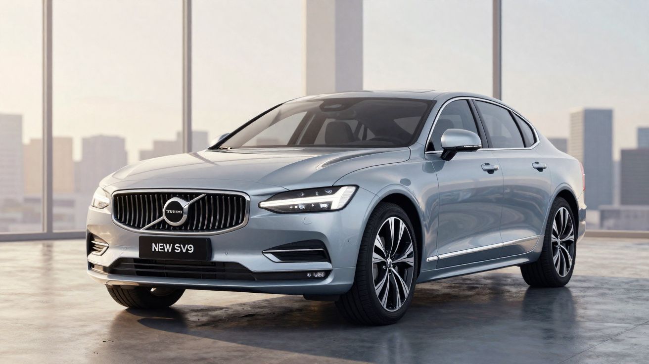 Carro sedã cinza Volvo New SV9 em ambiente interno com janelas grandes e vista da cidade ao fundo.