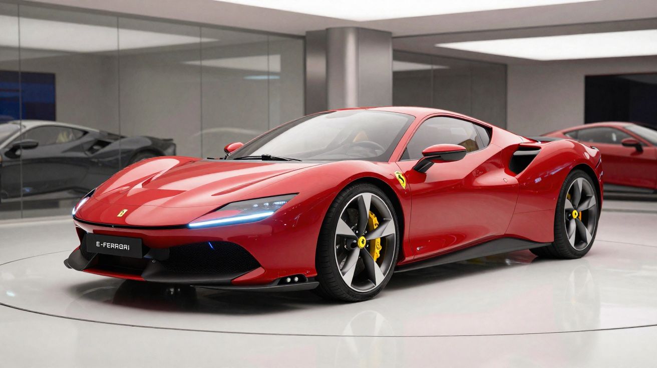 Carro esportivo Ferrari vermelho brilhante em exposição moderna com refletor no teto.