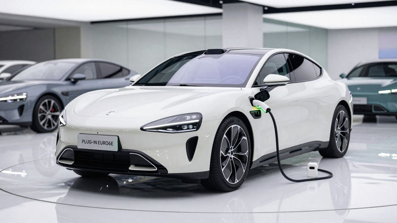 Carro elétrico branco plugado em estação de recarga dentro de showroom moderno.