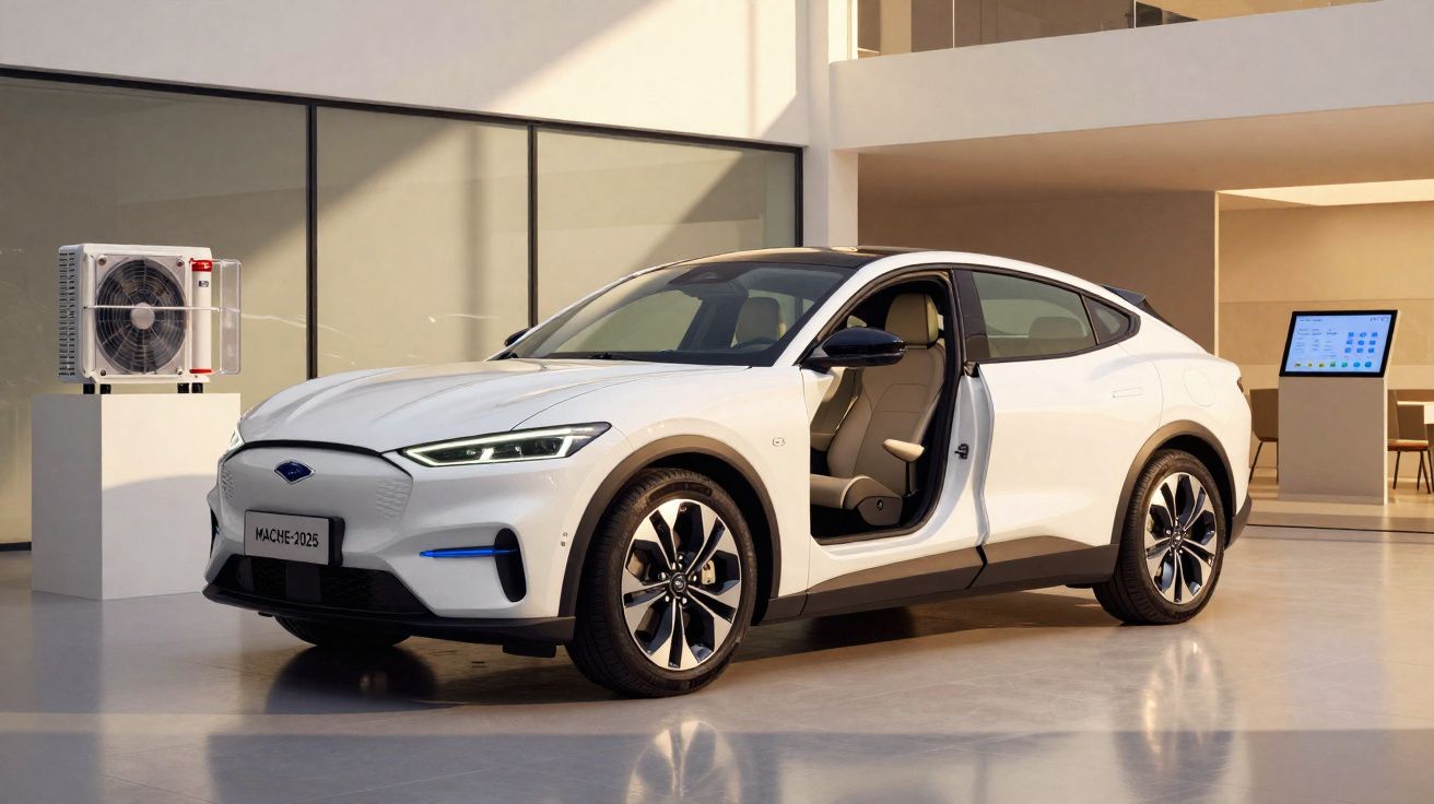 Carro elétrico branco Ford Mustang Mach-E 2025 com porta dianteira aberta em ambiente moderno.