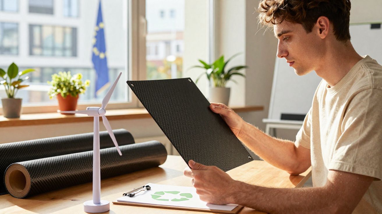 Jovem em mesa analisa painel solar com mini turbina eólica e símbolos de reciclagem ao fundo.