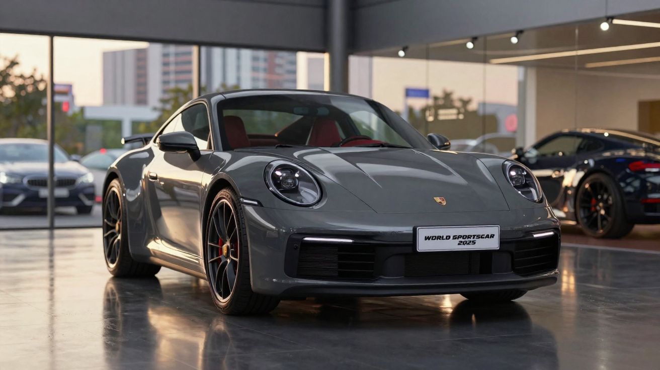 Carro esportivo Porsche cinza estacionado em showroom com interior vermelho e iluminação natural.