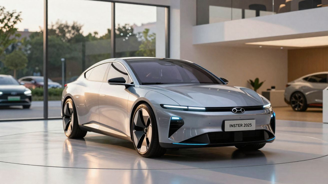 Carro elétrico prata futurista em exposição dentro de showroom moderno com luz natural.
