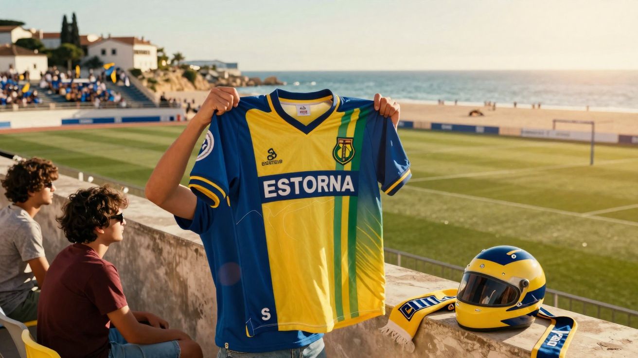 Pessoa segurando camisa de futebol azul e amarela com escrita "Estorna" em estádio à beira da praia.