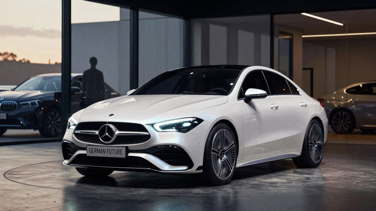 Carro sedã branco Mercedes-Benz estacionado em showroom moderno com iluminação ambiente noturna.