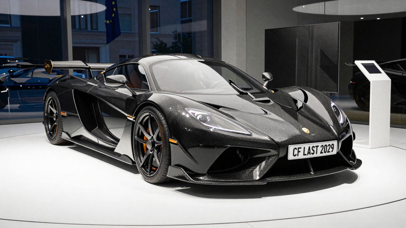 Carro esportivo preto com textura de fibra de carbono em exposição em ambiente interno moderno.